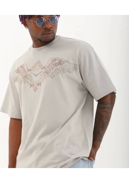 Unisex Oversize Taşlı Bisiklet Yaka Thirt Gri fiyatları