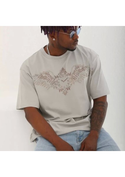 Unisex Oversize Taşlı Bisiklet Yaka Thirt Gri modelleri