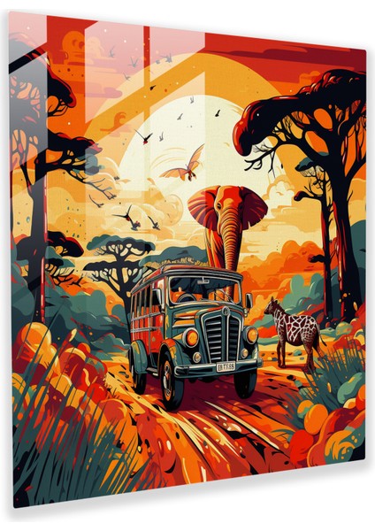 Eğlenceli Safari Cam Tablosu - Pop Art Illüstrasyon Cam Duvar Sanatı - Afrika Safarisi Ev Dekorasyonu