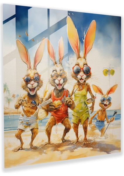 Zarif Cam Tablo - Bugs Bunny ve Arkadaşları Plajda - Suluboya Cam Duvar Sanatı