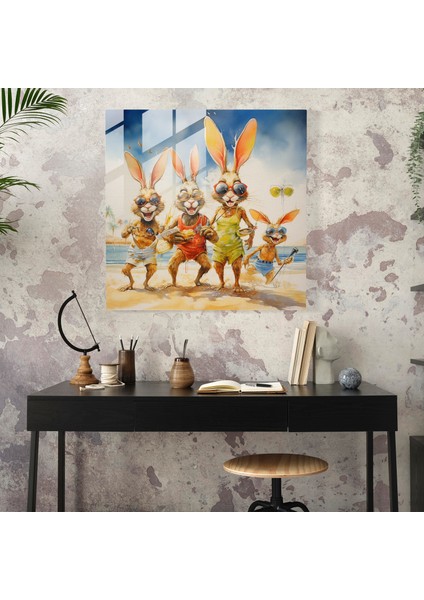 Zarif Cam Tablo - Bugs Bunny ve Arkadaşları Plajda - Suluboya Cam Duvar Sanatı fiyatları