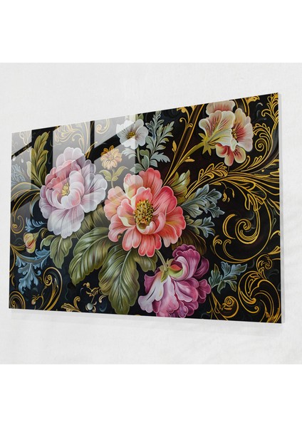 Çiçek Desenli Barok Cam Sanatı - Barok Tarzı Çiçek Motifleri Cam Tablo