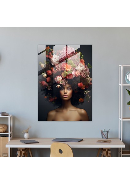 Çiçek Desenli Afro Cam Tablo - Afro Çiçek Aranjmanı Cam Tablo Afro Dokulu Saç fiyatları