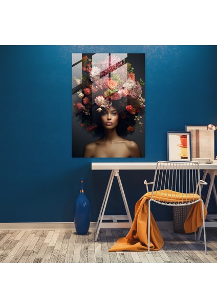 Çiçek Desenli Afro Cam Tablo - Afro Çiçek Aranjmanı Cam Tablo Afro Dokulu Saç modelleri