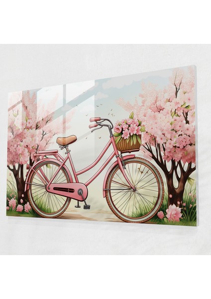 Nostaljik Bisiklet Cam Tablo - Bisiklet Büyüleyici Kır Manzarası Duvar Süsü Çiçekler Açmış