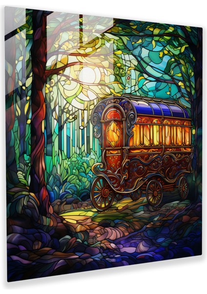 Bohem Çingene Karavanı Cam Tablo - Bohem Modern Sanat Çingene Karavanı Cam Duvar Sanatı