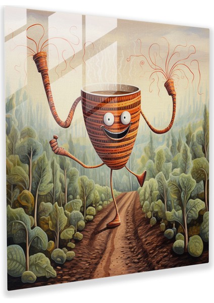 Gezinti Yapan Kahve Fincanı Cam Tablo - Kahve Cam Duvar Sanatı Kahve Fincanı