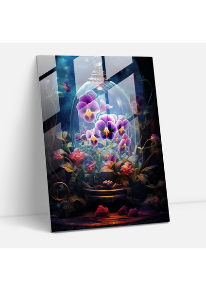 Büyüleyici Menekşeler Cam Tablo - Kanayan Çiçekler Menekşeler Neşeli Keyifli