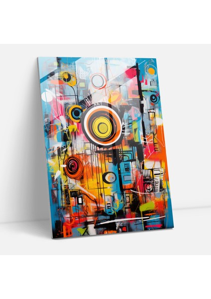 Basquiat Cam Tablo - Canlı Kent Manzarası - Basquiat Graffiti Modern Sanat Kent Manzarası