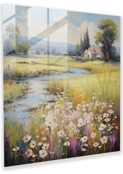 Huzurlu Kır Manzaralı Cam Tablo - Şık Ev Dekorasyonu Sessiz