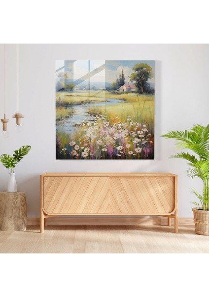 Huzurlu Kır Manzaralı Cam Tablo - Şık Ev Dekorasyonu Sessiz fiyatları