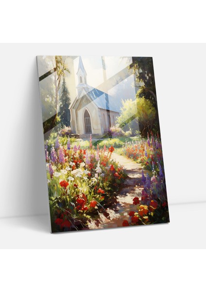 Kilise Cam Tablosu: Güneş Işığıyla Aydınlanan Bahçe - Kilise Izlenimci Tablo Duvar Dekorasyonu Güneş Işığıyla Aydınlanan Kilise Bahçesi