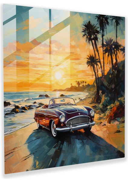 Romantik Izlenimci Cam Tablo - Klasik Araba Sahil Yolu Boyunca Sürüyor - Hayalperest Duvar Dekoru