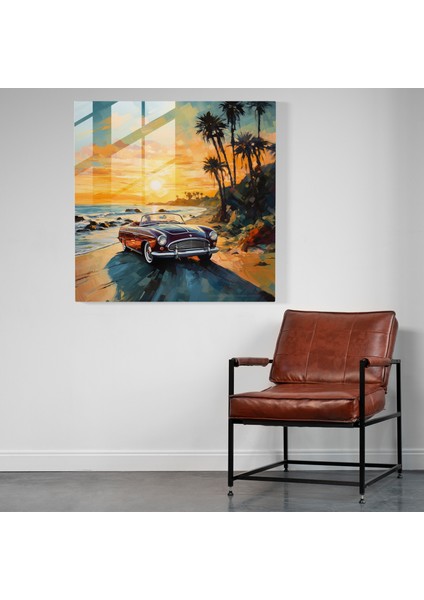 Romantik Izlenimci Cam Tablo - Klasik Araba Sahil Yolu Boyunca Sürüyor - Hayalperest Duvar Dekoru fiyatları