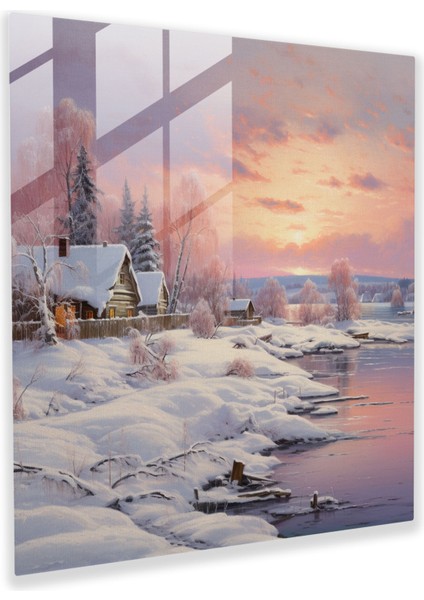 Noel Kış Manzarası Cam Tablo - Duvar Dekorasyonu Donmuş Göl Cam Sanatı