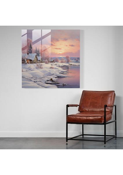Noel Kış Manzarası Cam Tablo - Duvar Dekorasyonu Donmuş Göl Cam Sanatı modelleri
