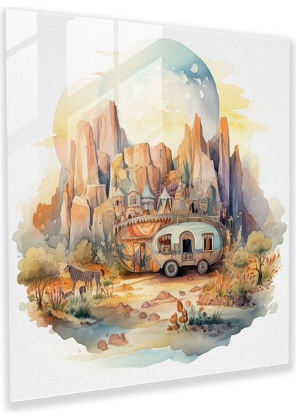 Gezgin Karavan Cam Tablo - Bohem Hayalperest Illüstrasyon Duvar Dekorasyonu Manzaralı Peyzaj