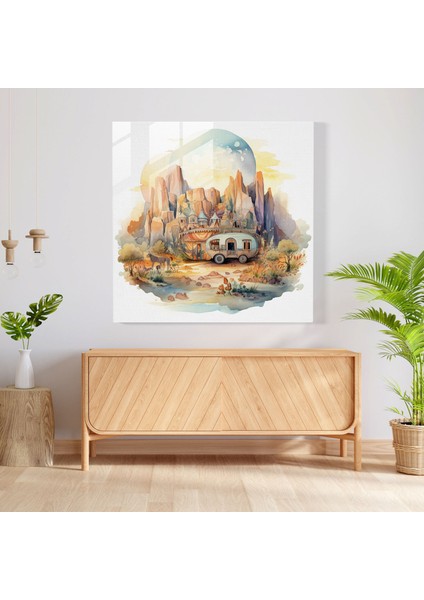 Gezgin Karavan Cam Tablo - Bohem Hayalperest Illüstrasyon Duvar Dekorasyonu Manzaralı Peyzaj fiyatları