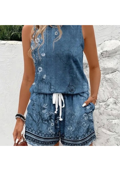 Kadın Askılı Yuvarlak Yaka Çiçek Baskılı Süprme Bluz ve Short Ikili Takım fiyatları