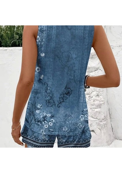 Kadın Askılı Yuvarlak Yaka Çiçek Baskılı Süprme Bluz ve Short Ikili Takım modelleri