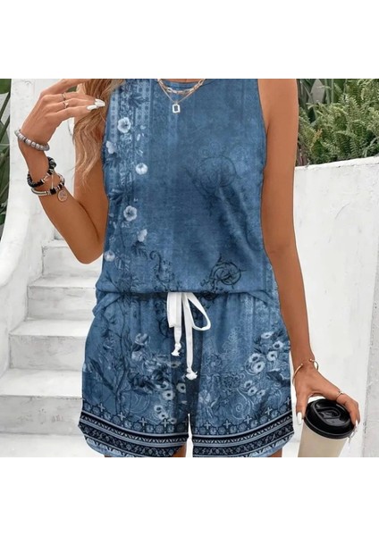 Kadın Askılı Yuvarlak Yaka Çiçek Baskılı Süprme Bluz ve Short Ikili Takım indirimleri