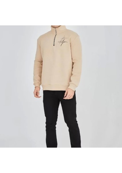 Erkek Yarım Fermuarlı Baskılı Weat Bej