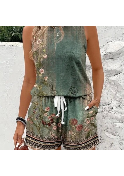 Kadın Askılı Yuvarlak Yaka Çiçek Baskılı Süprme Bluz ve Short Ikili Takım fiyatları