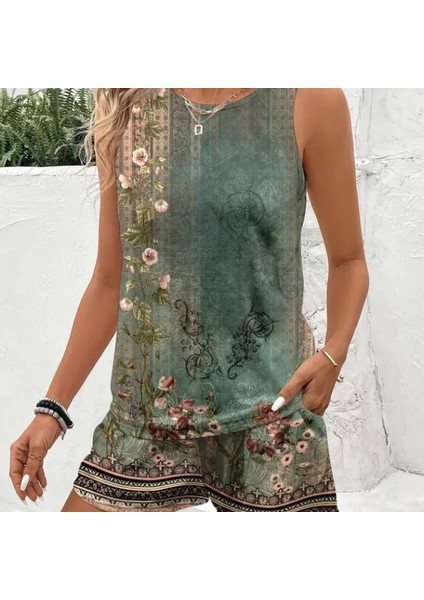 Kadın Askılı Yuvarlak Yaka Çiçek Baskılı Süprme Bluz ve Short Ikili Takım modelleri