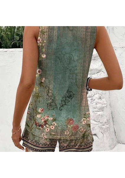 Kadın Askılı Yuvarlak Yaka Çiçek Baskılı Süprme Bluz ve Short Ikili Takım fırsatları