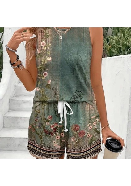 Kadın Askılı Yuvarlak Yaka Çiçek Baskılı Süprme Bluz ve Short Ikili Takım indirimleri