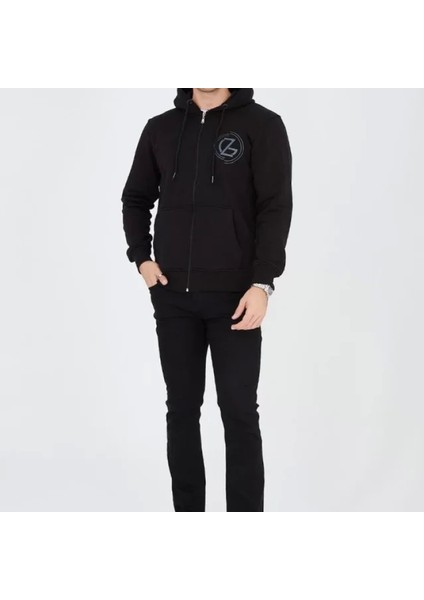 Erkek Kapüşonlu Baskılı Fermuarlı Hırka Iyah