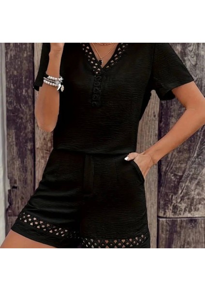 Kadın Kısa Kollu V Yakalı Dantel Detaylı Bürümcük Bluz ve Short Ikili Takım fiyatları