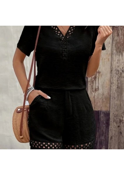 Kadın Kısa Kollu V Yakalı Dantel Detaylı Bürümcük Bluz ve Short Ikili Takım modelleri
