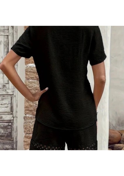 Kadın Kısa Kollu V Yakalı Dantel Detaylı Bürümcük Bluz ve Short Ikili Takım indirimleri
