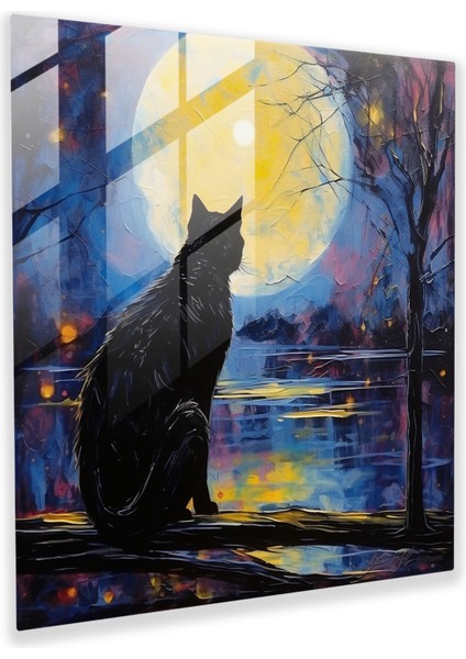 Ay Işığında Kedili Rüyalar Cam Tablo - Soyut Izlenimci Resim Cam Duvar Sanatı - Ev Dekorasyonu - Duvar Dekoru - Cam Tablo - Cam Duvar Sanatı - Cam Sanatı - Modern Sanat Eseri