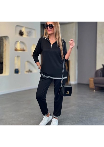 Kadın Uzun Kollu Ribana ve Fermuar Detay Bluz ve Yüksel Bel Pantolon 2li Takım fiyatları