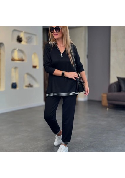 Kadın Uzun Kollu Ribana ve Fermuar Detay Bluz ve Yüksel Bel Pantolon 2li Takım modelleri