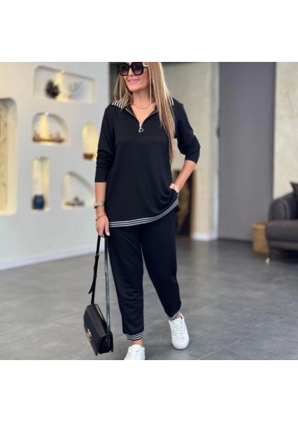 Kadın Uzun Kollu Ribana ve Fermuar Detay Bluz ve Yüksel Bel Pantolon 2li Takım fırsatları