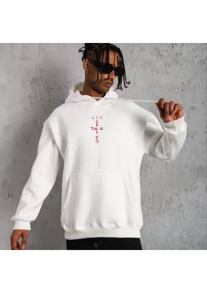 Erkek Kordonlu Arka Aske Kordon Açlı Kapüşonlu Beyaz