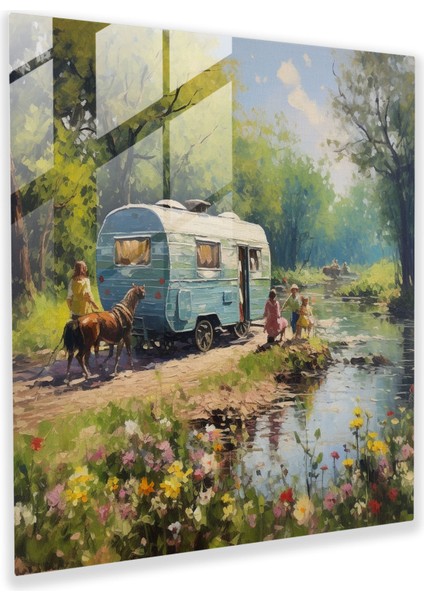 Kıyıdaki Karavan Cam Tablo - Karavan Duvar Dekorasyonu Çingeneler Modern Sanat