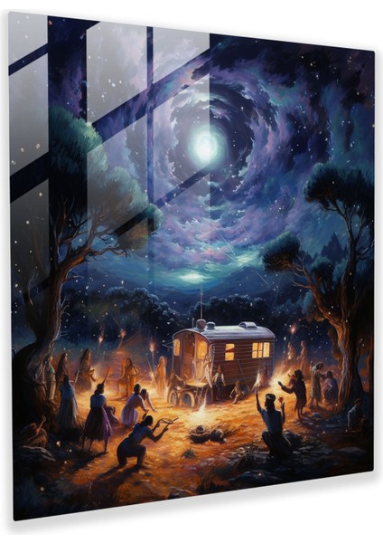 Camlı Tablo - Çingene Karavan Geceleri - Karavan Yıldızlı Gece Gökyüzü Izlenimci Resim Ateş