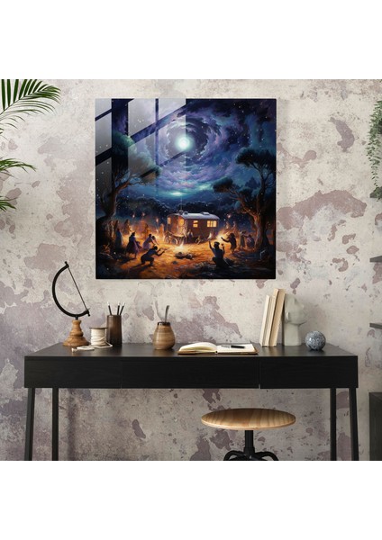 Camlı Tablo - Çingene Karavan Geceleri - Karavan Yıldızlı Gece Gökyüzü Izlenimci Resim Ateş modelleri