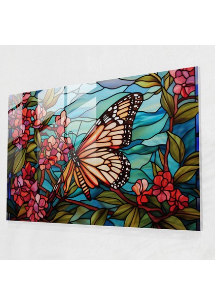 Kelebekler Desenli Cam Tablo - Kurutulmuş Kelebekler Canlı Renkler Modern Sanat Çiçekler Açıyor