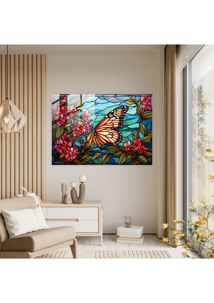 Kelebekler Desenli Cam Tablo - Kurutulmuş Kelebekler Canlı Renkler Modern Sanat Çiçekler Açıyor modelleri
