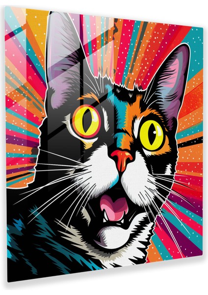 Canlı Pop Art Kedi - Retro Cam Tablo Ev Dekorasyonu