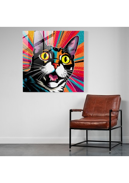 Canlı Pop Art Kedi - Retro Cam Tablo Ev Dekorasyonu fiyatları