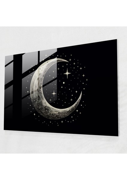 Ay Şekilli Cam Duvar Sanatı - Dünya Duvar Dekorasyonu Gece Gökyüzü Yıldızlar