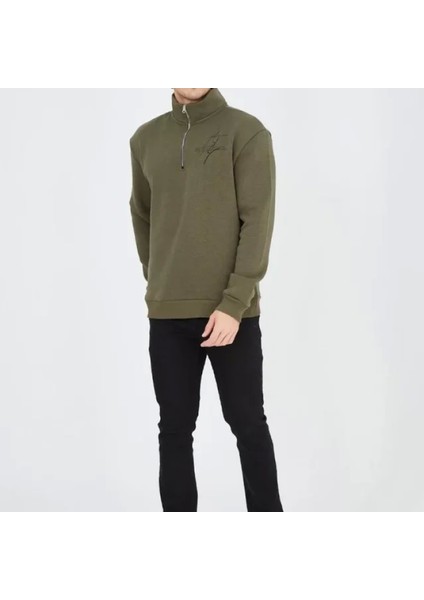 Erkek Yarım Fermuarlı Baskılı Weat Yeşil