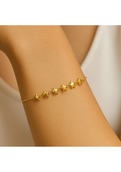 Altın Renk Sıralı Yıldız Asansör Çelik Bileklik