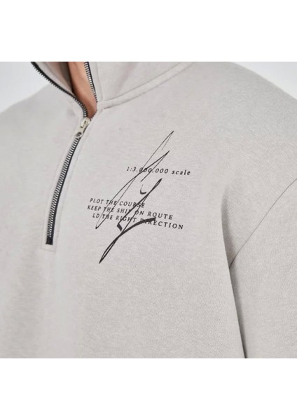 Erkek Yarım Fermuarlı Baskılı Weat Boyalı Gri